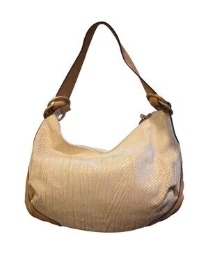 Barbara Milano Vintage Tan Handles/Trim Cream Snakeskin Embossed Handbag Italy
